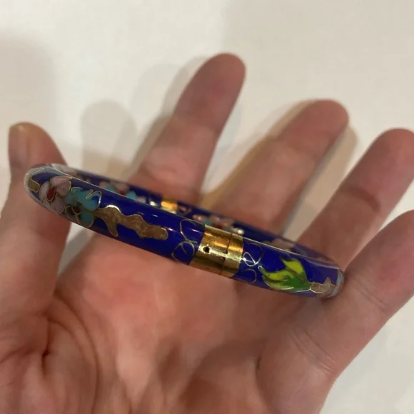 Cloisonné Hinged Bangle Bracelet Blue Pink Brown Yellow Good Used Condition - Picture 4 of 9